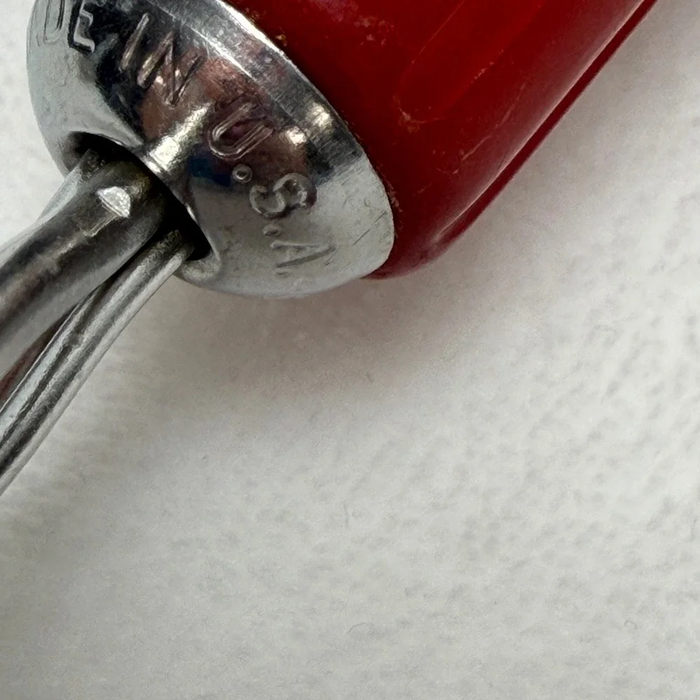 VTG Red Bakelite‎ Handle Potato Masher Stainless Steel Retro MCM Farmhouse